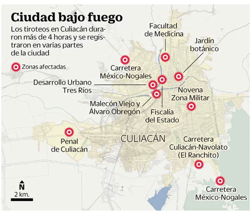 Culiacán under fire: locations of shootouts Thursday in the Sinaloa capital.