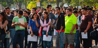 Students line up for a university entrance exam in Guadalajara.