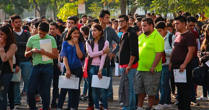 Students line up for a university entrance exam in Guadalajara.