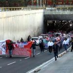 Taxi drivers march in Mexico City on Monday.
