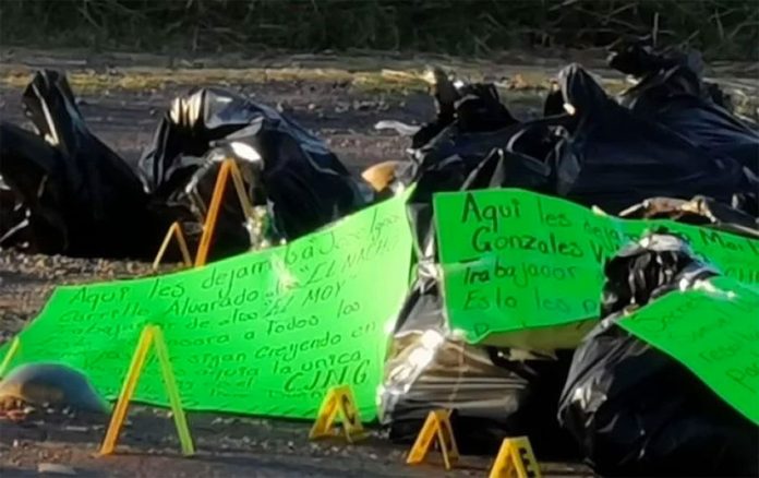 Bags and posters found on a Guanajuato highway.