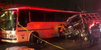 At right, the bus that attempted to pass on the shoulder.