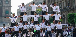 Mexico City traffic police motorcycle acrobatic team gives a demonstration on Sunday.