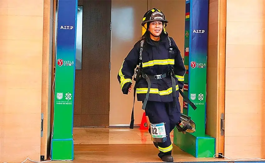A firefighter completes the 50-story stair climb at the BBVA Tower in Mexico City.