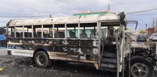 One of the buses set on fire in Juárez.
