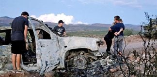 A vehicle in which members of the LeBarón family were killed and burned on Monday.