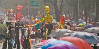 Skeletons parade in the rain