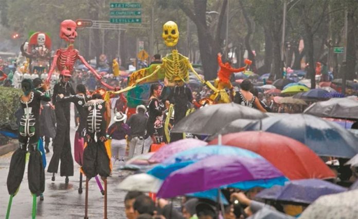 Skeletons parade in the rain