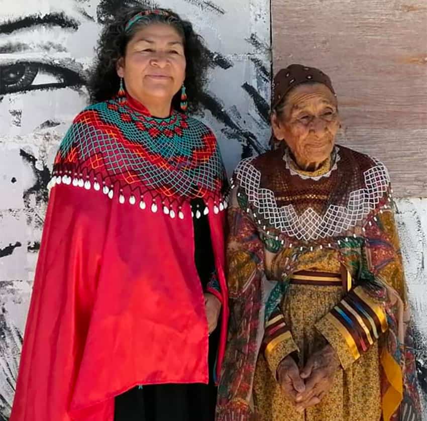 Beaded collar yokes, as made by González, right, have a special place in Cocopah identity.