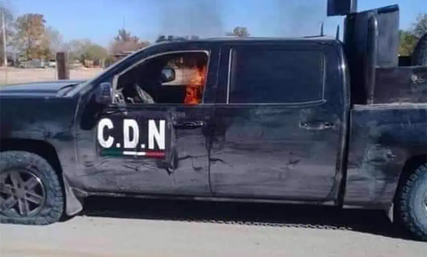 A truck abandoned by cartel in Coahuila gun battle.