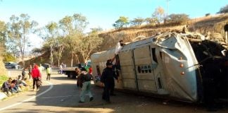 The bus that was carrying farmworkers home to Oaxaca.