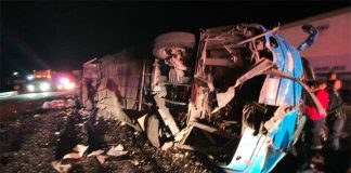 The bus that left the road in Chihuahua Thursday morning.