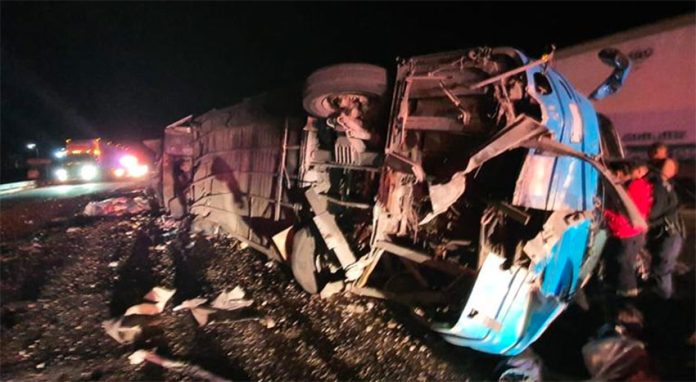 The bus that left the road in Chihuahua Thursday morning.