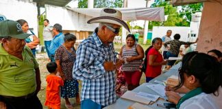A polling booth during Sunday's vote on the train project.