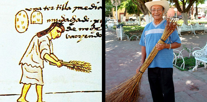 Continuity: a plaza sweeper in Teuchitlán, Jalisco, carries on an ancient tradition, with the same kind of broom.