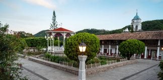 Plaza Revolucion Mexicana in the morning, looking towards the old church.