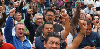 Electrical workers' union members protest against the leadership last September.