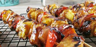 Pineapple and chicken are great together on kabobs.