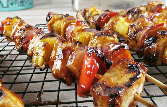 Pineapple and chicken are great together on kabobs.