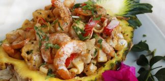 Food for Lent: prawns on a bed of pineapple.