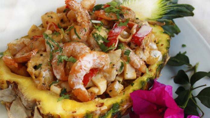 Food for Lent: prawns on a bed of pineapple.