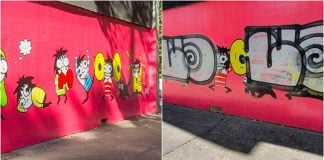 The Mexico City mural before, left, and after.