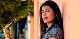 Saxophonist and acid attack victim Ríos.