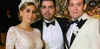 The groom, center, with El Chapo's daughter and a guest at the wedding in Culiacán.