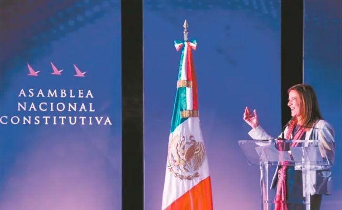 Zavala speaks at Sunday's assembly in Mexico City.