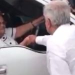 The president greets El Chapo's mother in Sinaloa on Sunday.