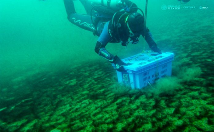 Underwater archaeologist Roberto Junco deposits the archive on the bottom of the Lake of the Moon.
