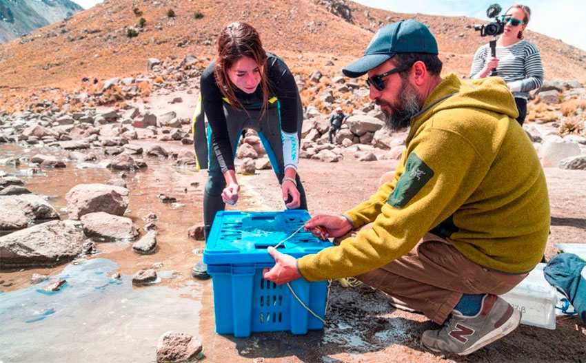 Enna Llabrés and Roberto Junco prepare the collection of artifacts for deposit on the lake bottom