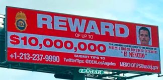 A billboard in Los Angeles offering the reward for El Mencho.