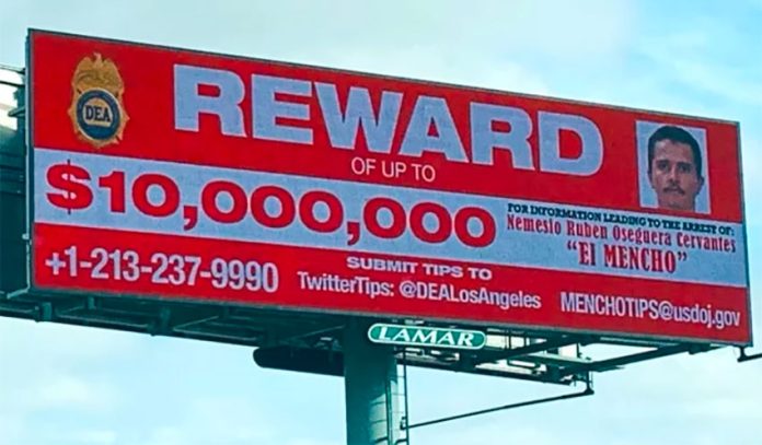 A billboard in Los Angeles offering the reward for El Mencho.