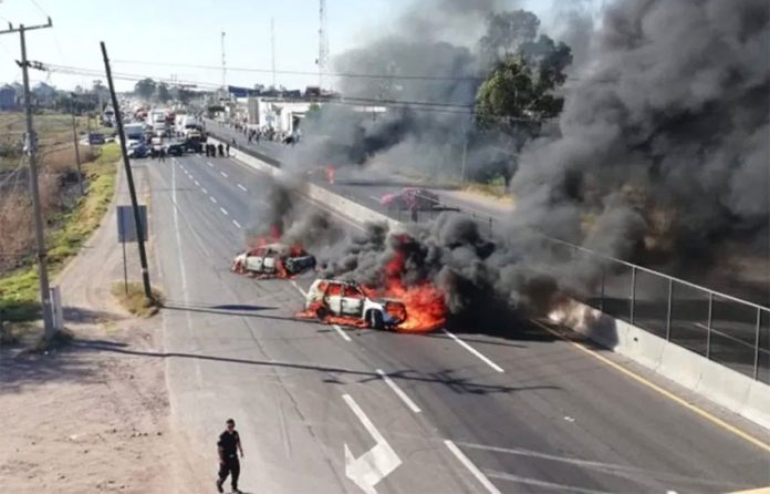 Vehicles burn in blockades on a Guanajuato highway.