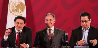 Deputy Minister López-Gatell and two other health officials at Monday's press conference.