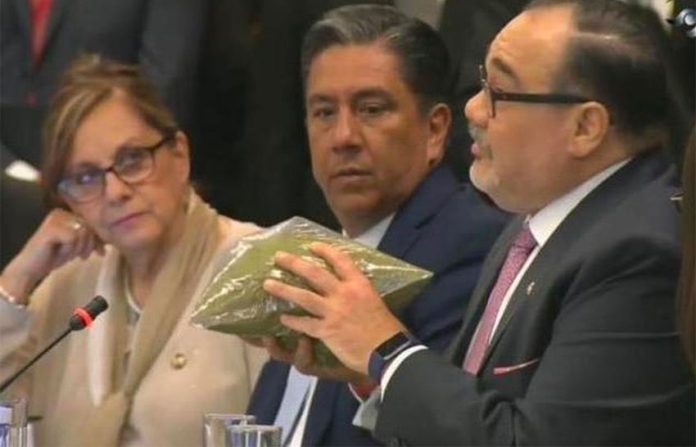 A senator uses baggies of oregano to demonstrate pot quantities.
