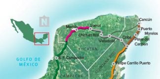 The Maya Train was to run from Valladolid to Tulum through Cobá, as shown.