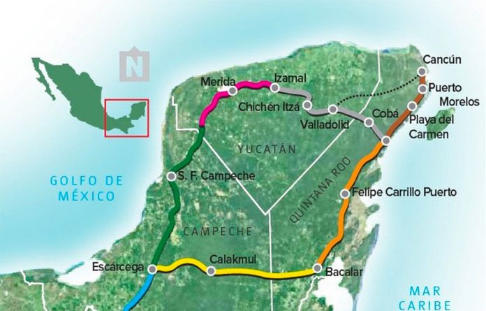 The Maya Train was to run from Valladolid to Tulum through Cobá, as shown.