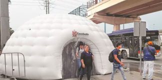 A disinfection tunnel in Escobedo, Nuevo León.