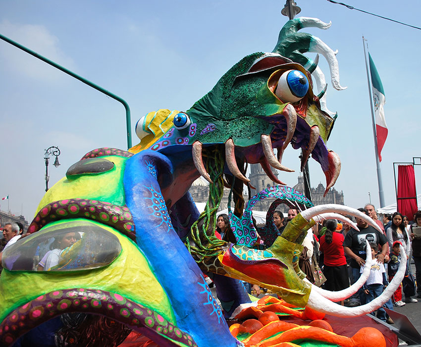 Giant-sized alebrijes of papier-mache are paraded through Mexico City every year in October.