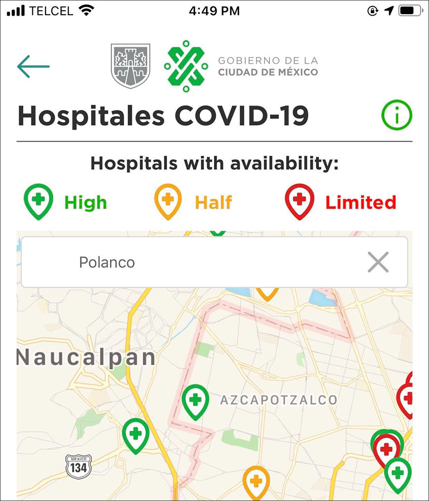 The hospitals section of the CDMX App.