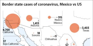 Confirmed cases of coronavirus in border states of both countries. US border cases totaled 13,831.