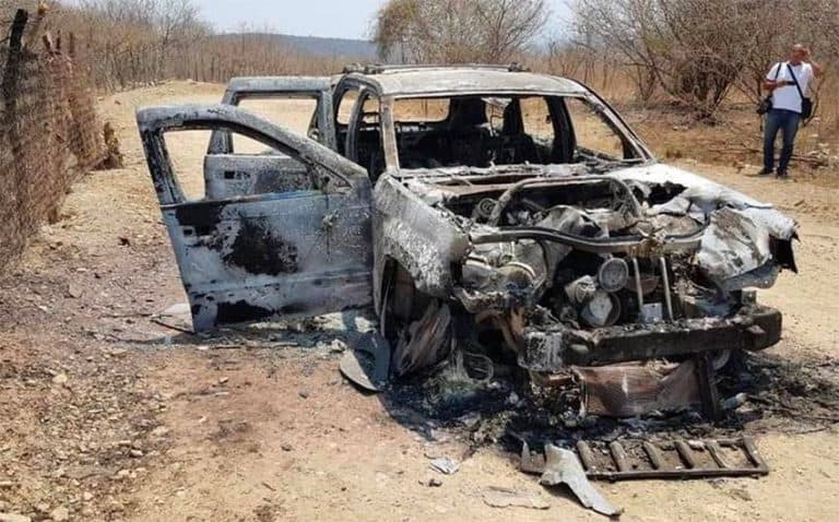 The wreckage of a vehicle after weekend clashes in Guerrero.
