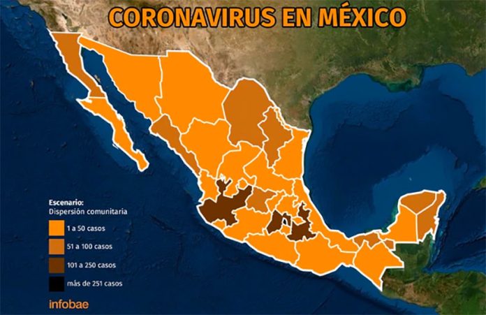Coronavirus cases in Mexico: the darker the color the more cases.