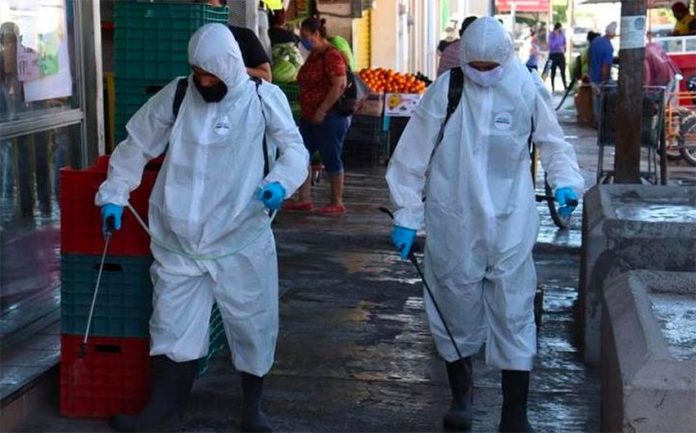 Workers apply disinfectant against coronavirus.