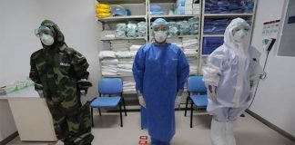 Navy medical personnel at the ready at a Mexico City hospital.