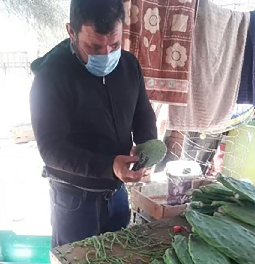 Rivera prepares nopal for sale.