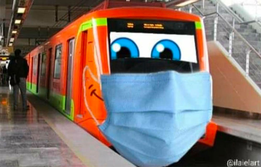 A Metro train wears a face mask in this meme tweeted by Mayor Sheinbaum.