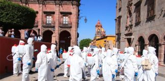 A coronavirus disinfection crew in San Miguel.